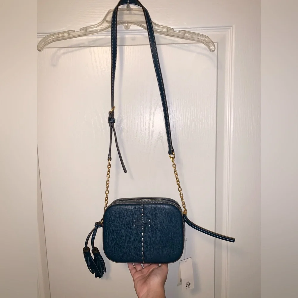 Tory Burch crossbody bag, UNUSED with tags, teal leather/gold hardware w/ tassel - Picture 5 of 8